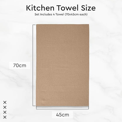 Encasa XO Kitchen Dish Towels Set | Beige | Waffle Weave and Flat Hand Tea
