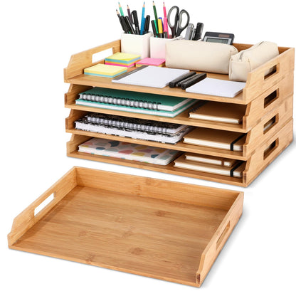 AceOrbit 4 Pcs Stackable Paper Tray Bamboo Wood Desk Organizer Letter Tray 4 Tier Wooden File Organizer Desk Shelf for Documents, Letter Sorter, Envelopes and Magazine Holder
