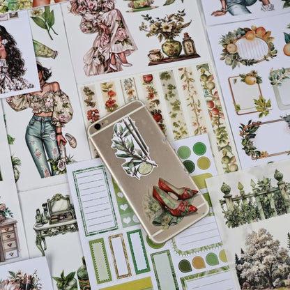 Dwpetzo Fresh Green Scrapbook Sticker Book for Scrapbooking, A5 Size, Assorted PET Washi Paper Materials, 20 Sheets Diecut Journaling Stickers for Adults, Junk Journal Supplies, Collage, Crafts Arts