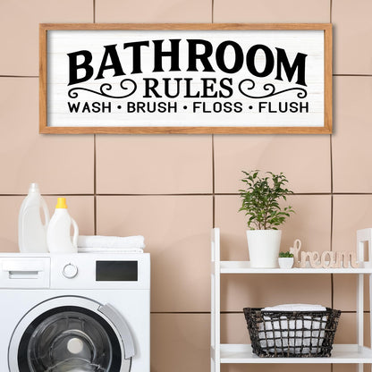 AuraPeak Bathroom Rules Wash Brush Floss Flush Wall Decor Funny Wooden Quote Sign Home Farmhouse Laundry Room Restroom Toilet Shelves Hanging Art Wall Decor (Wood White 32"×12")