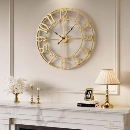 Large Wall Clock Gold Clocks for Living Room, 24 Inch Decorative Wall Clocks Battery-Operated, Modern Metal Round Clock Silent Non Ticking for Kitchen Mantel Bedroom Office Decor, Arabic Numerals