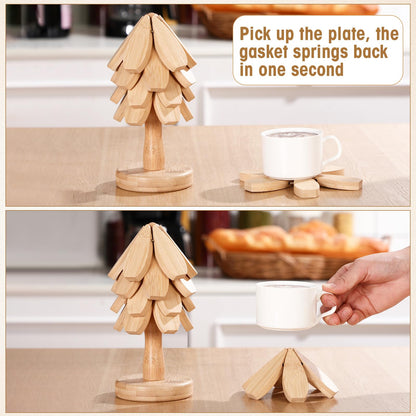 Wonderjune 4 Tree Trivet Set for Hot Dishes, 16 Wooden Trivets and 4 Stands, 2 Sizes Foldable Tree Shaped Coasters Decorative Hot Pad Mat Kitchen Table Decor for Pans, Pots, Cups(Bamboo Wood)