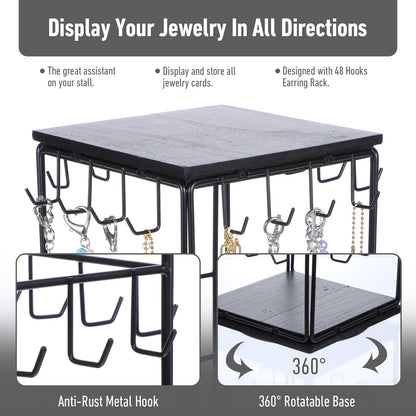 360 Rotating Earring Display Holder Stand for Vendors Events Selling, Large Capacity 48 Hooks Jewelry Display Rack with Wooden Base for Earring Card Sales, Necklaces, Enhances Retail Visibility
