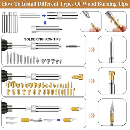 62Pcs Wood Burning Tips, Professional Wood Burning Pen Tips and Alphabet Number Stencils Set, Perfect Wood Burning Embossing Carving DIY Crafts Tool for Adults Beginners