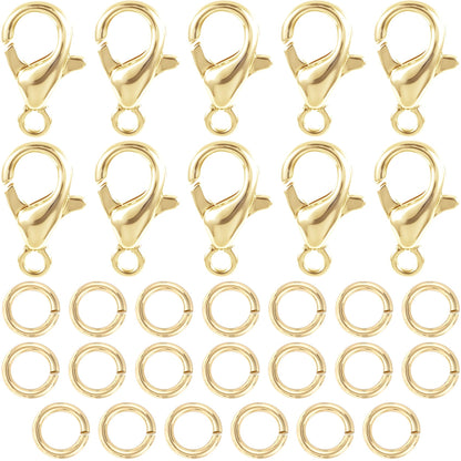 BEIQIYA 30pcs Lobster Claw Clasps & Jump Rings, 14K Gold Plated Metal Lobster Clasps, Jump Rings Jewelry Finding Kit for Necklace Bracelet Jewelry Making