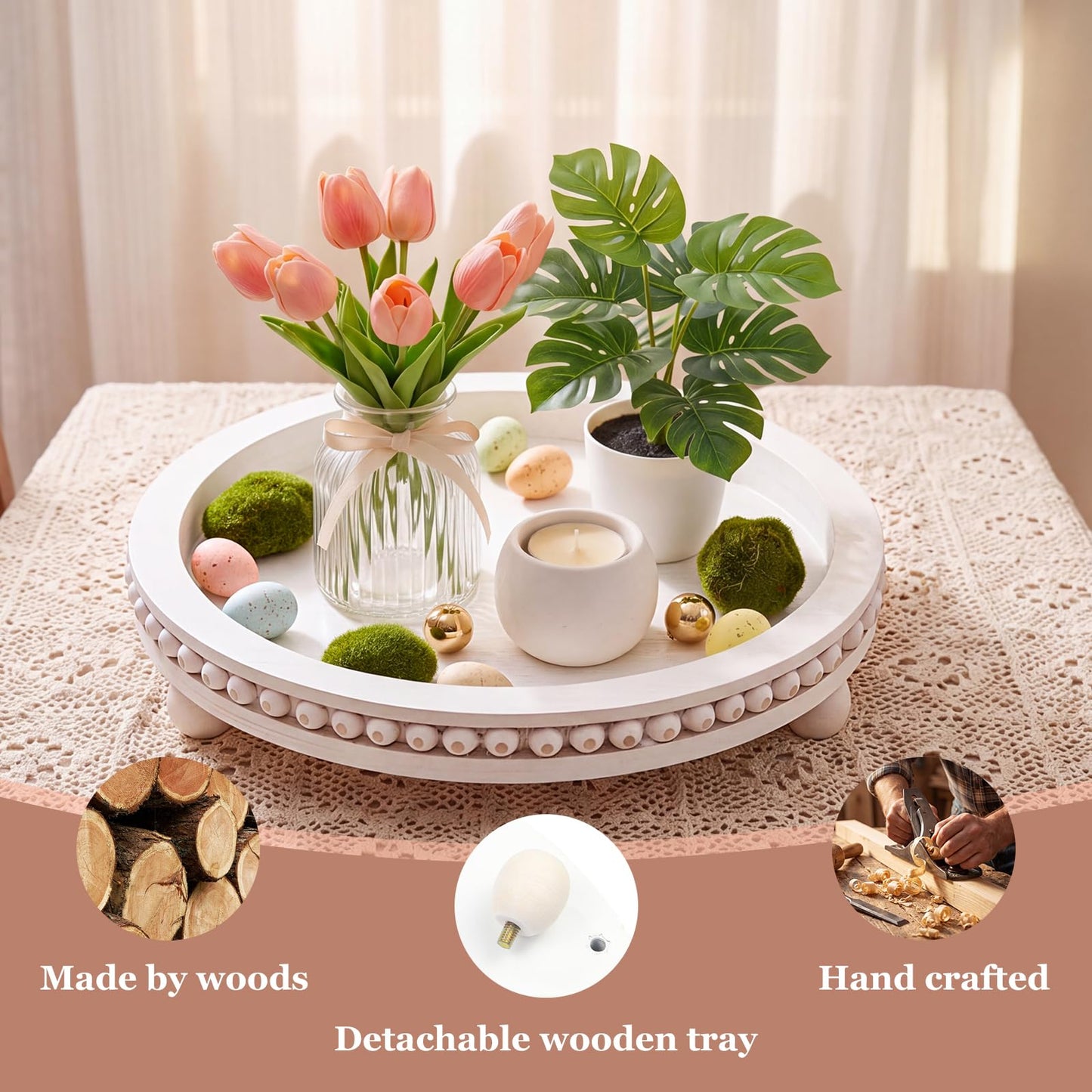 Yleuuiry 11.8 Inch Round Wooden Decorative Tray, Distressed White Farmhouse Beaded Tray for Coffee Table, Rustic Wood Centerpiece Tray with Beaded Edge for Kitchen Counter, Candle, and Home Decor