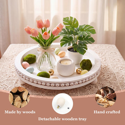 Yleuuiry 11.8 Inch Round Wooden Decorative Tray, Distressed White Farmhouse Beaded Tray for Coffee Table, Rustic Wood Centerpiece Tray with Beaded Edge for Kitchen Counter, Candle, and Home Decor