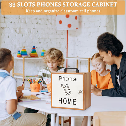 Lzttyee Cell Phone Holder Classroom 33 Slots Wooden Cell Phone Storage Cabinet Pocket Chart with Handle and Security Lock for Classroom Office (33 Grid Cabinet Cherry)
