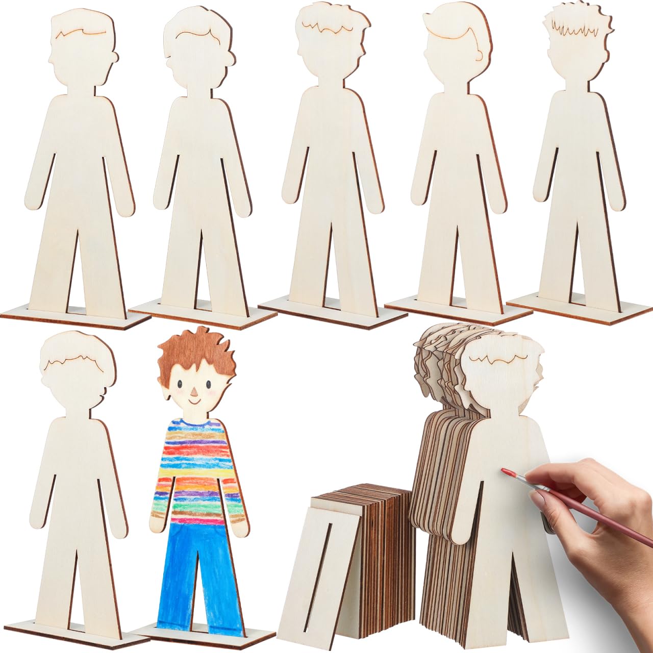 NUOBESTY 20pcs Standing Wooden People Cutouts Unfinished Human Cutouts Chips DIY Crafts Graffiti Toy Blank Boys People Labels Fragments