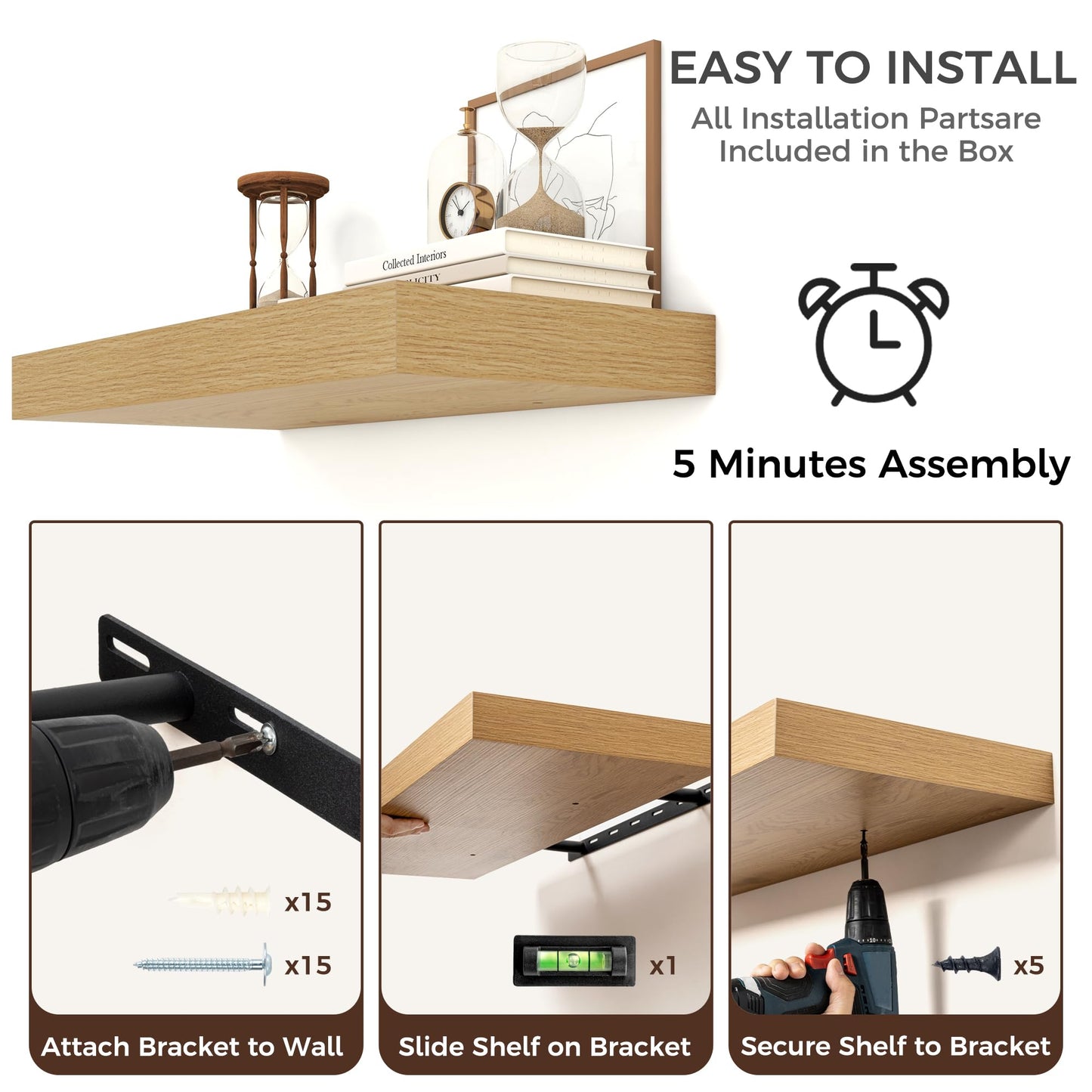 Venusmiles Floating Shelves for Wall, 24 Inch Floating Shelves Set of 2, 6.5" D Wooden Wall Mounted Display Shelves with Invisible Brackets for Living Room, Bedroom, Bathroom, Kitchen Decor, Oak