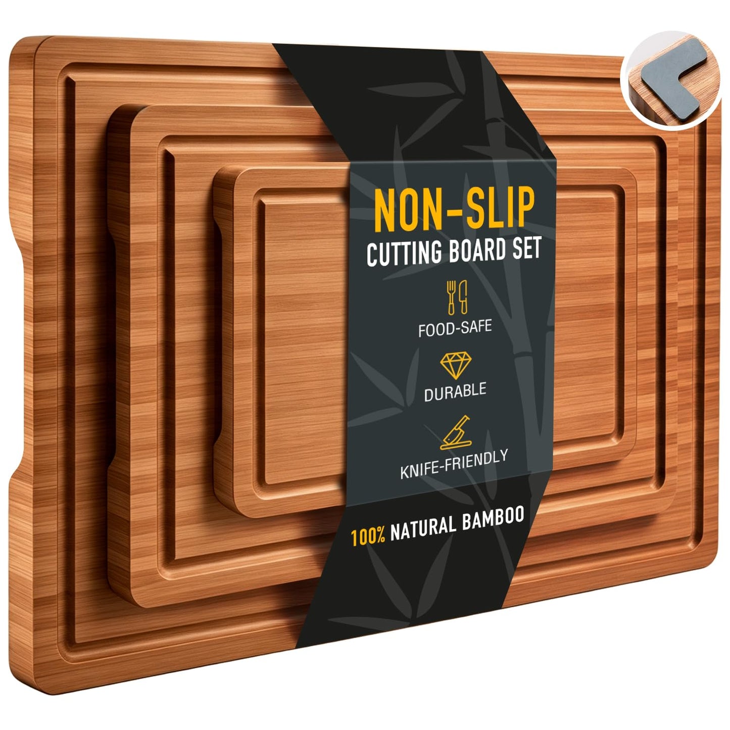 3 Pack Bamboo Cutting Board Set with Non Slip Feet Solid Wood Cutting Boards for Kitchen Non Toxic Wooden Chopping Boards Small Plastic Free Butcher Block Hardwood Serving Cheese Charcuterie Board