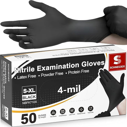 Schneider Medical Nitrile Exam Gloves, 4 Mil Black Gloves Disposable Latex Free Powder Free, Food Safe for Cooking, Food Prep