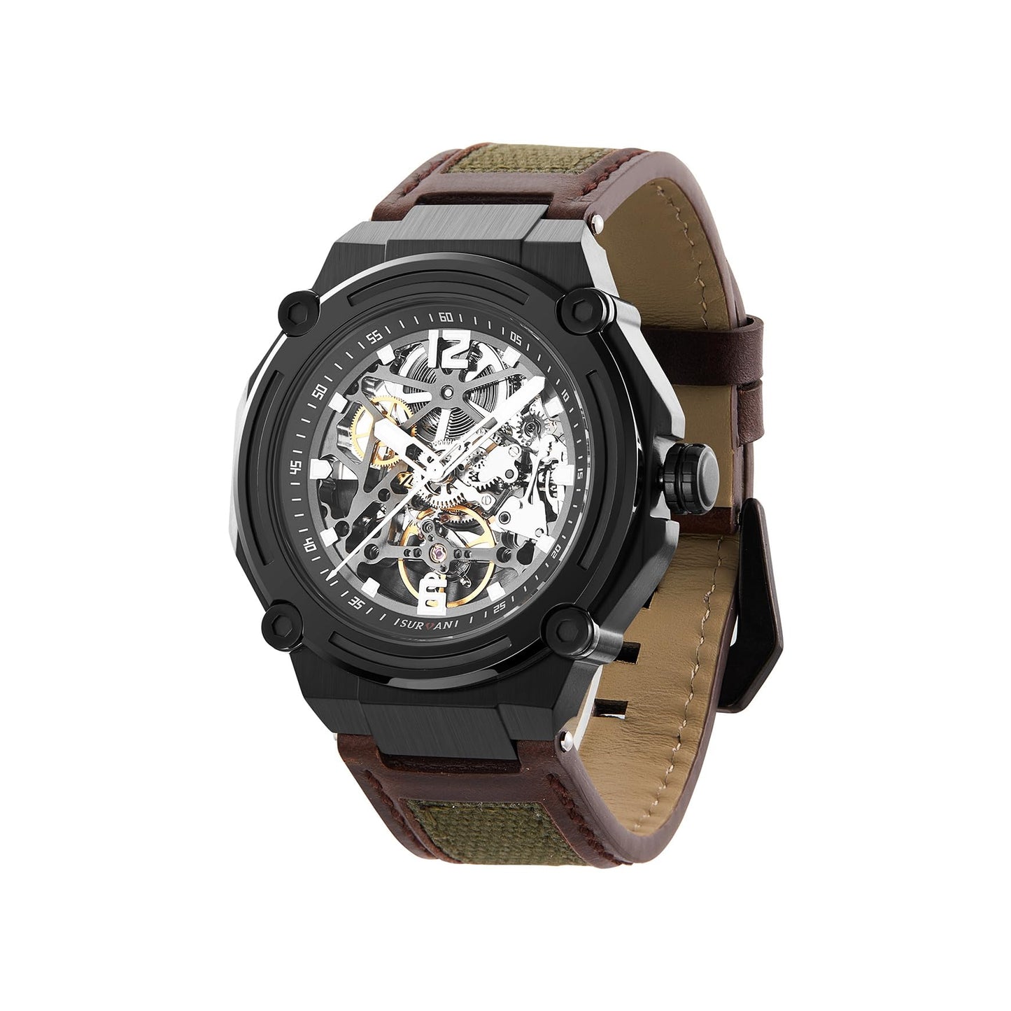 SURVAN WatchDesigner Men's Luxury Automatic Mechanical Skeleton Watch, 47 mm Case, Brown Leather Strap, Water Resistant, No Battery Needed