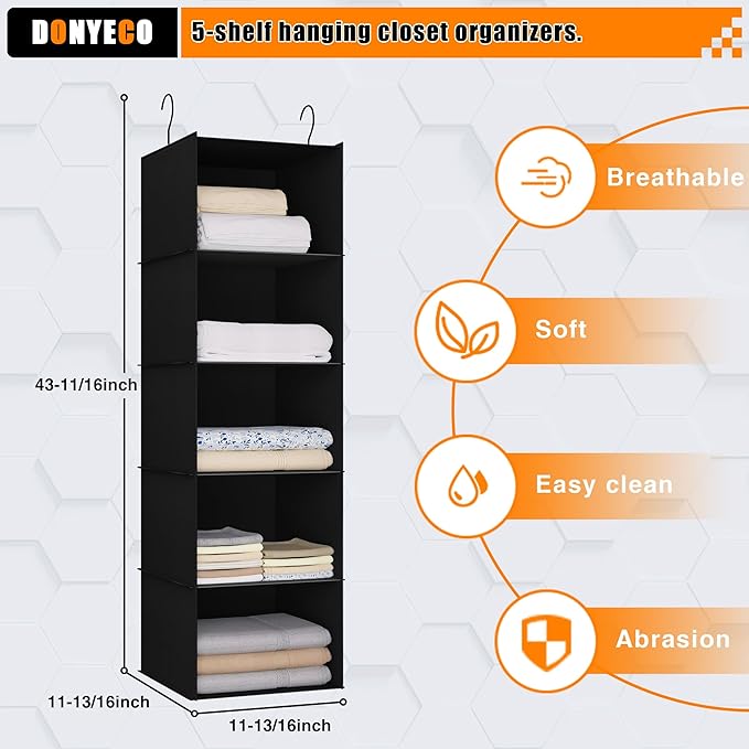 Hanging Closet Organizer and Storage 5-Shelf, Easy Mount Foldable Hanging