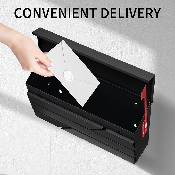 Wall Mount Mailbox for House Outside, Large Capacity Mailbox with Flag Drop Box, Galvanized Steel and Rust-Proof Metal Post Box, 15.74"x9.84"x4.33", Black, MD065