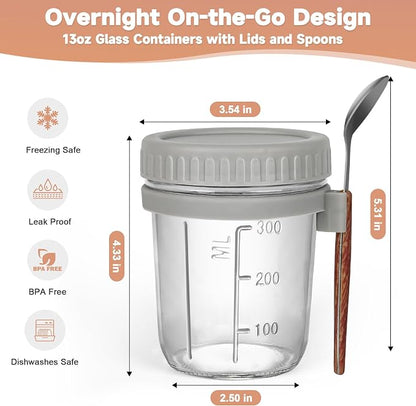 4Pack Overnight Oats Containers with Lids and Spoons,13oz Mason Overnight Oats Jars for Yogurt,Jars for Overnight Oats,Chia Pudding Jars with Lids