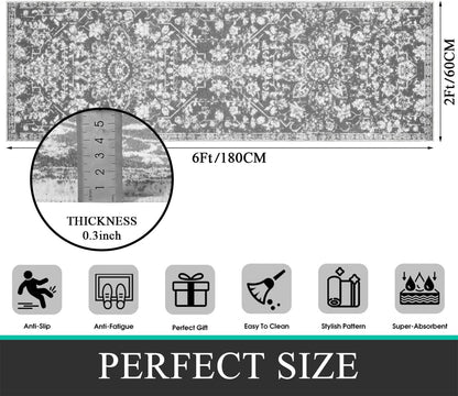 Pauwer Vintage Flower 2'X6' Runner Rug Distressed Runner Rug Non Slip Hallway Runner Washable for Kitchen Living Room Bedroom Entryways Hallways (Grey, 2'X6' Ft)