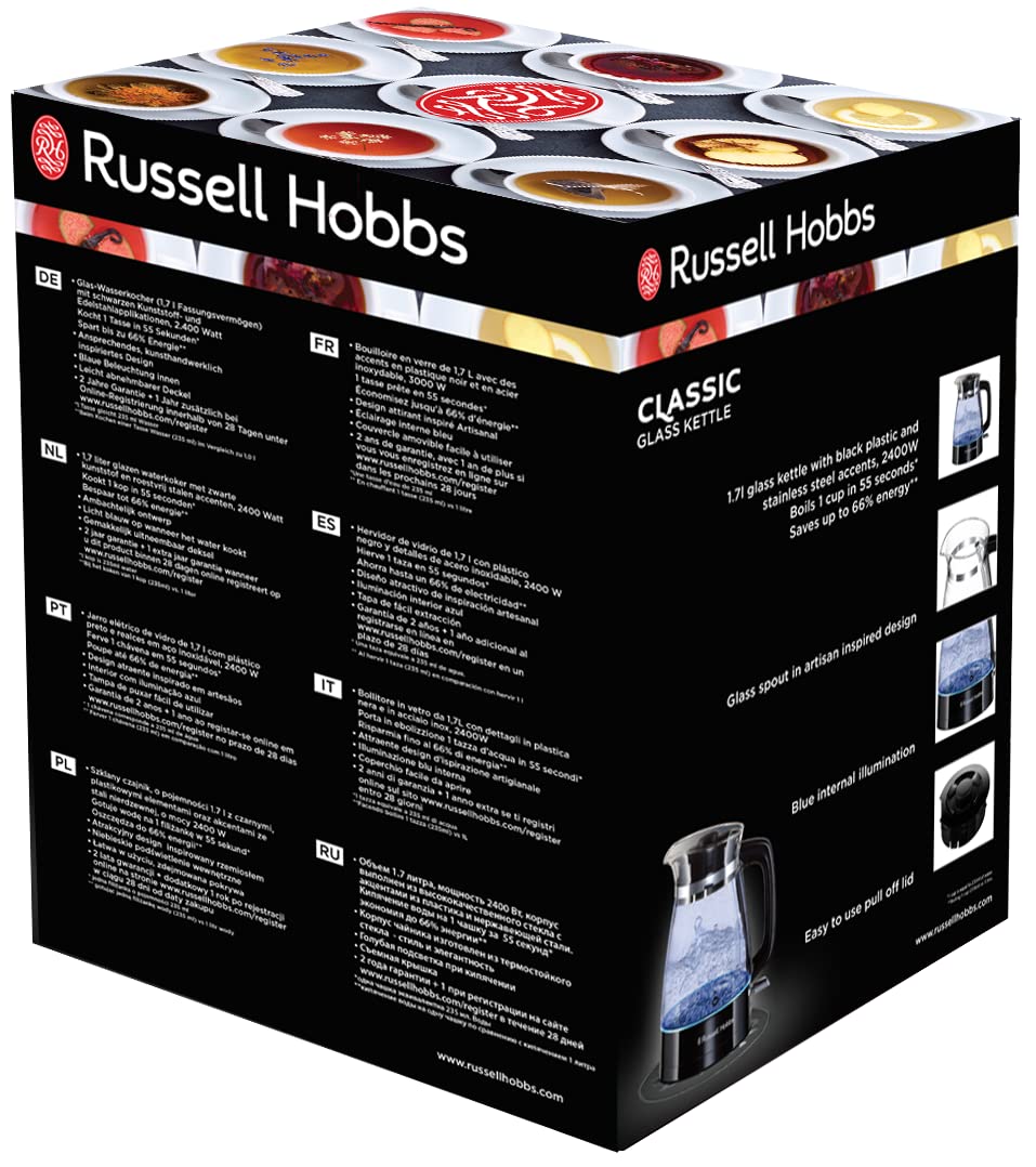 Russell Hobbs Kettle Glass [1.7 L, 2400 W, Optimised Design Spout Made of Glass, LED Lighting] Classic Design (Quick Boil Function, Removable Lid, Limescale Filter, Stainless Steel Base) 26080-70
