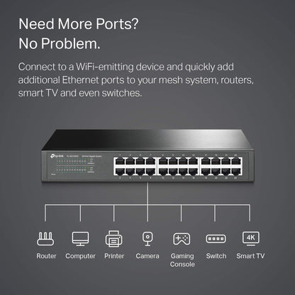 TP-Link 24 Port Gigabit Ethernet Switch Desktop/ Rackmount Plug & Play Shielded Ports Sturdy Metal Fanless Quiet Traffic Optimization Unmanaged (TL-SG1024S)