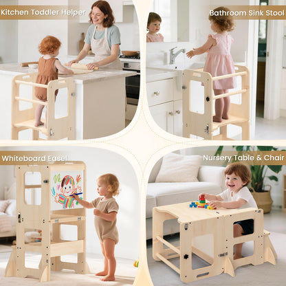 4-in-1 Toddler Kitchen Step Stool, Foldable Learning Standing Tower with Whiteboard, Wooden Kitchen Stool Helper for Kids, 1-3 Year Old Boy Girl Gifts