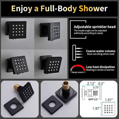 AYIVG Matte Black 4 Function Dual Shower Heads System Multi Functions Temperature Full Body Shower System 6pcs Jets 16 X 26 Inch And 8 inch Rainfall Shower Head Faucet Set