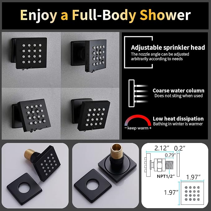 AYIVG Matte Black Shower System With Body Jets Thermostatic Shower System 64 Color LED Shower Set 16 x 26 Inch Embedded Ceiling Shower Head with Remote Control Temperature Display Shower Faucet Set