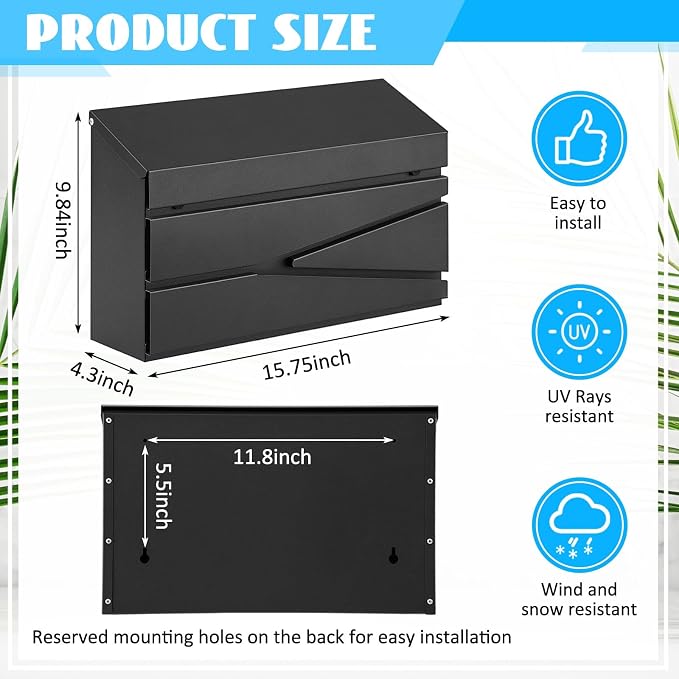 Yaocom Wall Mount Mailbox Large Capacity Mailbox for Outside Galvanized Steel Rustproof Metal Mail Drop Post Modern Black Collection Box Hanging Postbox 15.75" x 9.84" x 4.33" (No Keys Locking)