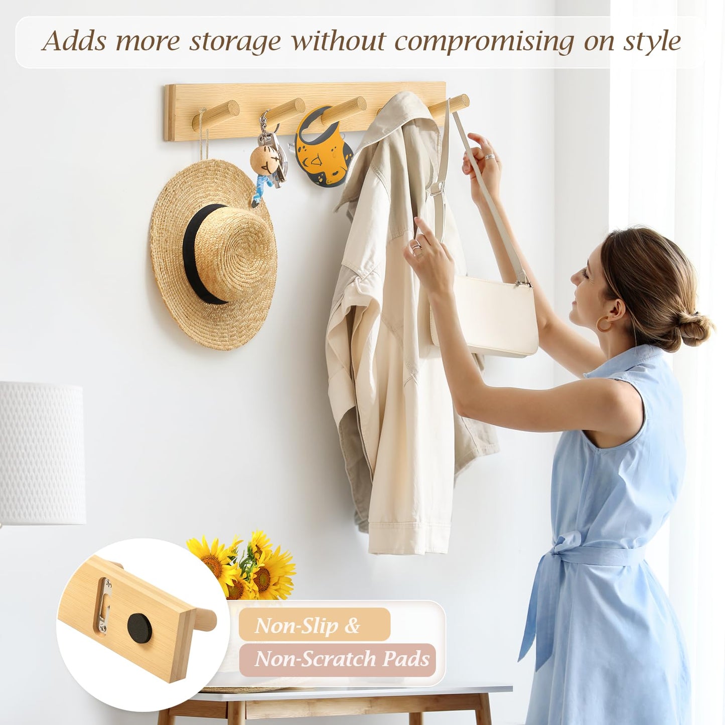HOMEBROS Coat Rack Wall Mount, Wooden Coat Hanger with 5 Hooks, Heavy Duty, Natural, 2 Pcs