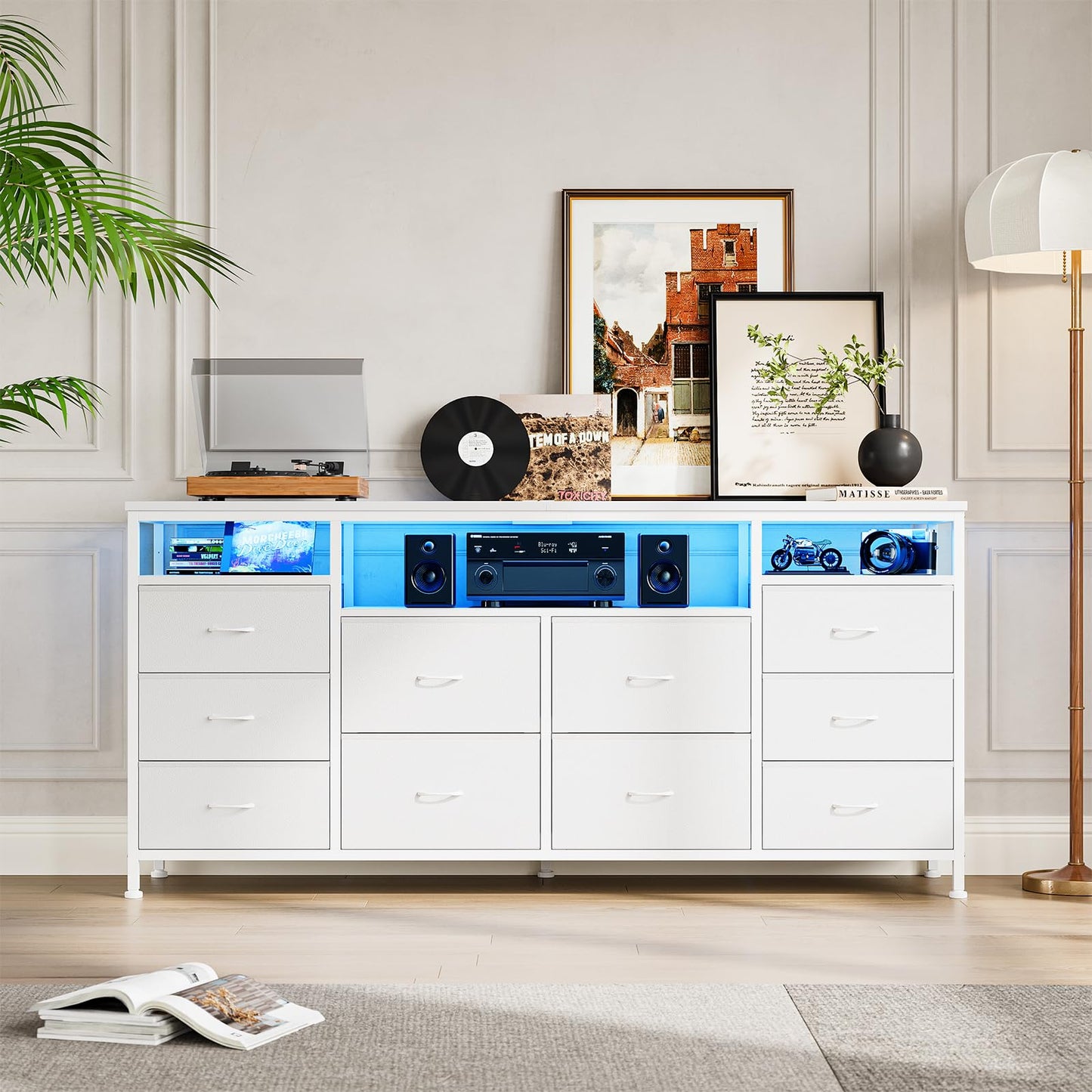 Garvee Dresser for Bedroom with LED Lights & Power Outlets, 63 Inch TV Stand Dressers for Bedroom with 10 Fabric Drawers, Entertainment Center with Open Storage Shelves for Entryway, White