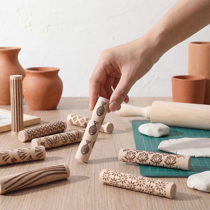 Conderyang 16Pcs Wooden Clay Texture Roller Set Clay Modeling Pattern Rollers Wooden Texture Rollers Wood Pottery Tools Pottery Tool Set for Artists Art Creation Ceramic DIY, 4In x 0.6In（Style 1)