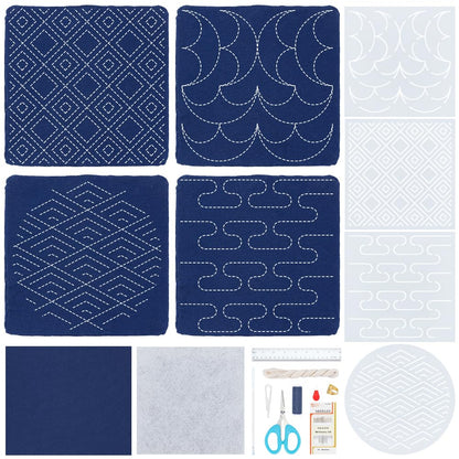WEBEEDY 4 Sets Sashiko Starter Coaster Kit for Beginners, Japanese DIY Tea Mat Sewing Kit with Sashiko PET Templates, Needles, Thread for Table Cup Mat Embroidery Christmas Craft Decor Gift