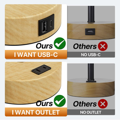 KPQ Small Bedside Lamp Touch Control Table Lamp with USB A+C Charging Ports & AC Outlet 3-Way Dimmable Nightstand Lamp with Linen Fabric Shade for Bedroom Living Room