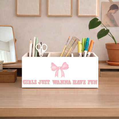 GGED Girls Just Wanna Have Fun Pen Holder, Pink Bow Wooden Desk Organizer, 3 Compartments Pencil Caddy for Office, Home, Classroom