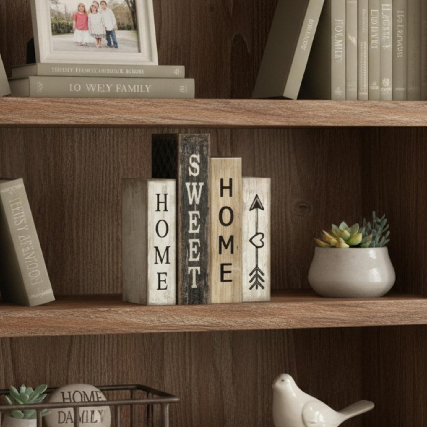 Lineshading 4 Pcs Farmhouse Table Decor Wooden Books Home Sweet Home Tiered Tray Decor Rustic Wood Block Sign Housewarming Gifts Neutral Centerpiece Farmhouse Stacked Decoration for Shelf Mantle