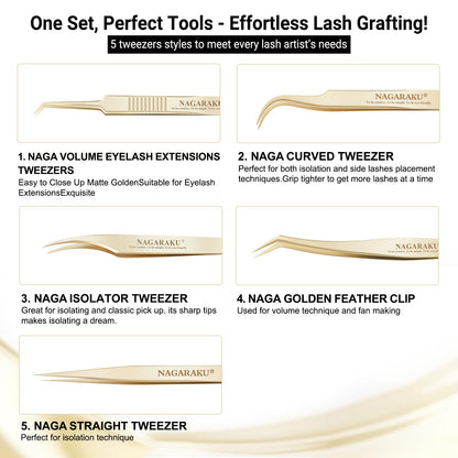 NAGARAKU Professional Eyelash Extension Tweezers, Precision Tip Stainless Steel Lash Tool Straight & Curved for Individual & Volume for Salon & Personal Use, 5 PCS Tweezers Set Easy Fanning with Case