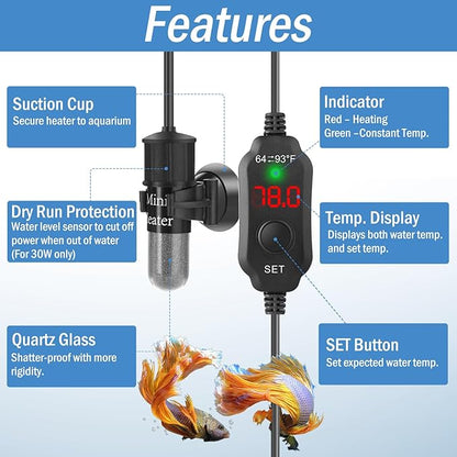 Super Mini Aquarium Heater 30W Betta Heater for 4-6 Gallon Tanks, Small Fish Tank Heater Turtle Heater with Dry-Run/Overheat Protection, Memory Function