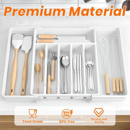 RoomHacks Large Silverware Organizer,Expandable Utensil Drawer Organizer,BPA Free Utensil Holder,Adjustable Silverware Tray Cutlery Drawer Organizer for Kitchen Flatware,Large,White (6-8 Slots)