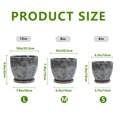 EPFamily Ceramic Pots for Plants - 10+8+6 Inch Modern Flower Pot for Indoor Outdoor, Round Planters with Drainage Holes and Trays, Office Garden Living Room Decor, Housewarming Gifts, Set of 3, Grey