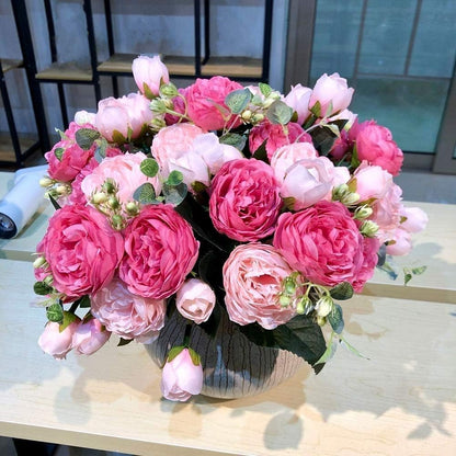 DEEMEI 4 Bundles Peonies Artificial Flowers, Fake Silk Peonies Bouquet of Flowers for Home Decor Faux Floral Table Centerpieces for Kitchen Bathroom Wedding Party Decor(Rose Red+Pink)