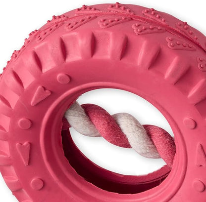 Pet Passion Natural Rubber Tire and Organic Cotton Rope Pull and Chew Dog Toy for All Pet Breeds, Pink, One Size
