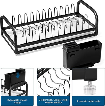 Black Dish Drying Rack Small for Kitchen Counter, 304 Stainless Steel Dish Rack w Tray & Cutlery Holder, Narrow Dish Drainer for Pots & Pans, Cutting Boards, Plates & Lids