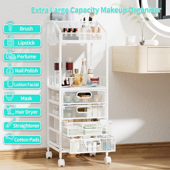 HapiRm Makeup Organizer Storage Cart - Floor Skincare Make Up Storage with 4 Drawers, Rolling Makeup Cart Vanity Organizer Cosmetics Display Cases Holder for Skin Care Perfume Nail Polish