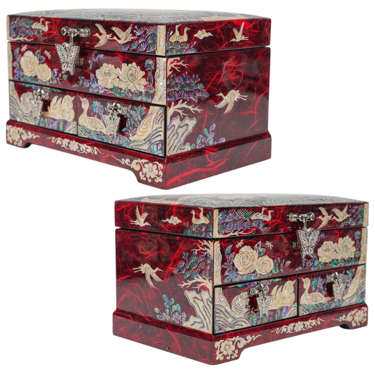 February Mountain Korean Mother of Pearl Jewelry Box – 2-Drawer Keepsake Box with Mirror, Traditional Oriental Trinket Organizer – Gift for Women, Mom, Wife, Anniversary (Crane and Pine tree - Red)