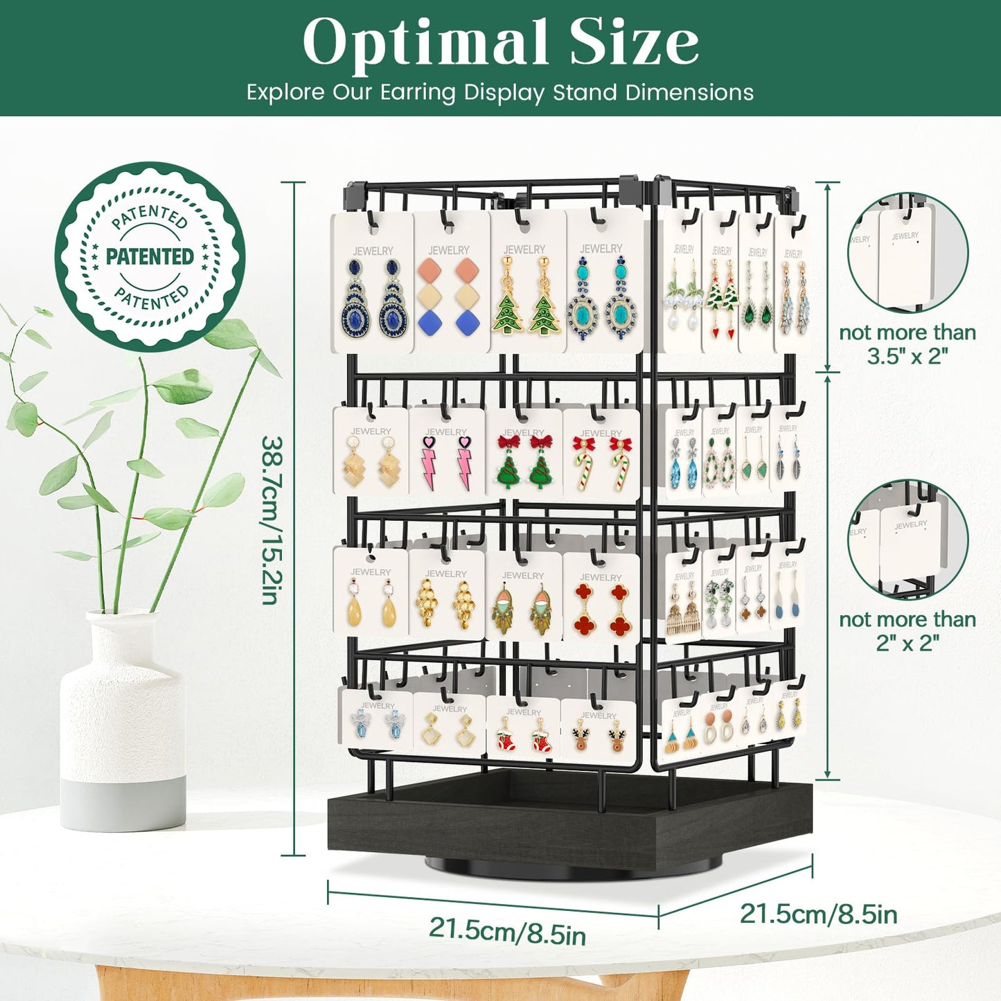 EsLuker.ly Rotating Earring Display Holder Stand for Vendors Events Selling, Large Capacity 64 Hooks Jewelry Rack with Wooden Base for Earring Card Sales, Enhances Retail Visibility