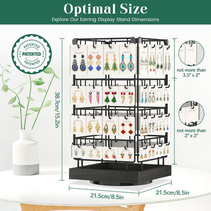 EsLuker.ly Rotating Earring Display Holder Stand for Vendors Events Selling, Large Capacity 64 Hooks Jewelry Rack with Wooden Base for Earring Card Sales, Enhances Retail Visibility