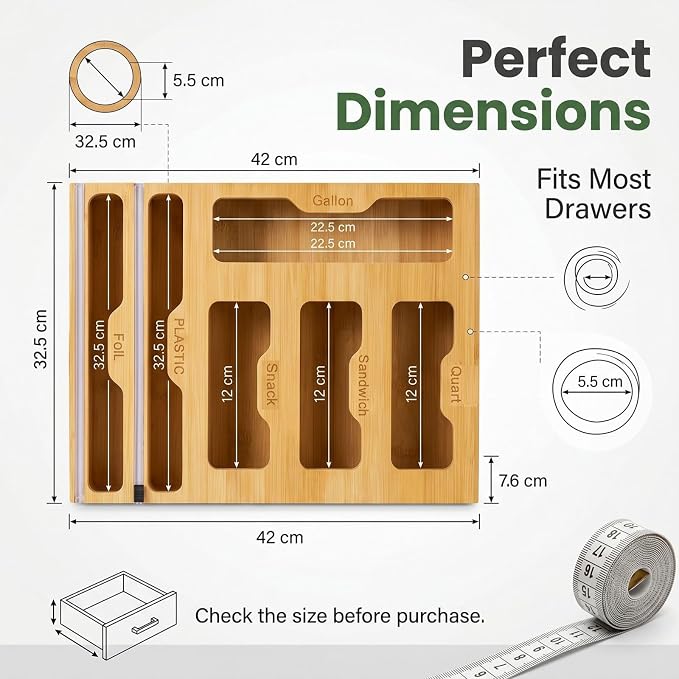 FUSHITON 6 in 1 Bamboo Food Storage Bag Organizer, Plastic Wrap Dispenser with Cutter, Foil Wax Paper Organizer for Kitchen Drawer, Wall Mount Countertop, Fits Gallon, Quart, Sandwich, Snack Bags