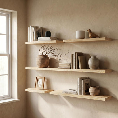 Fun Memories Solid Wood Floating Shelves for Wall, Set of 2 – 18 Inch Rustic Farmhouse Wall Shelf, Deep Natural Wood Storage Shelf for Kitchen, Living Room, Bedroom – Natural Clear Finish
