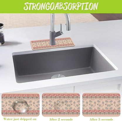 Sink Splash Guard Faucet Mat Retro Boho Flowers Absorbent Fast Drying Mat Sink