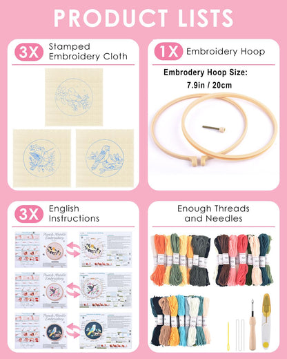 TINDTOP 3 Sets Punch Needle Kits, Panda Punch Embroidery Kits for Adults Beginner, Tool with Punch Needle Fabric, Hoops, Yarns and Sewing Needles (Bird)
