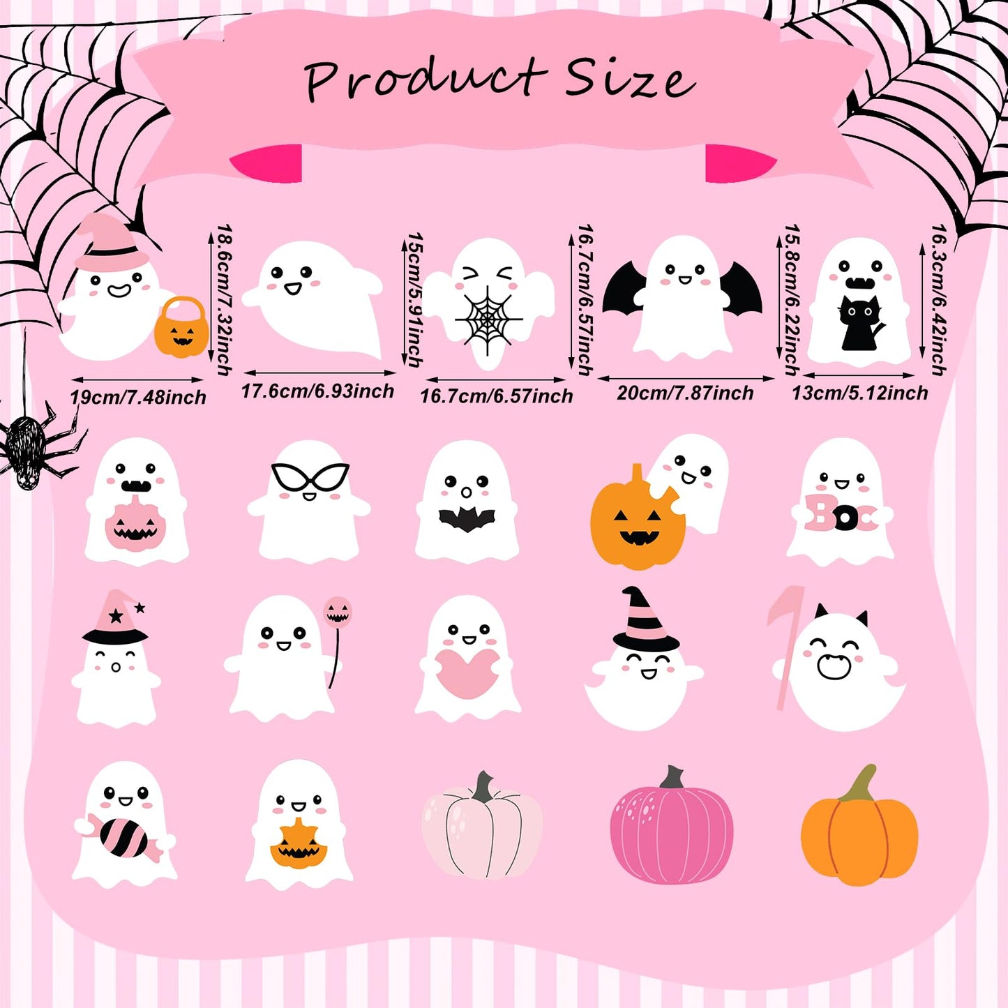Seajan 200 Pcs Halloween Ghost Cutouts Cute Pink Ghost Pumpkin Paper Cut-Outs Halloween Bulletin Board Decor with 400 Glue Points Pink Pastel Decorations for Home DIY Art Craft Wall Party